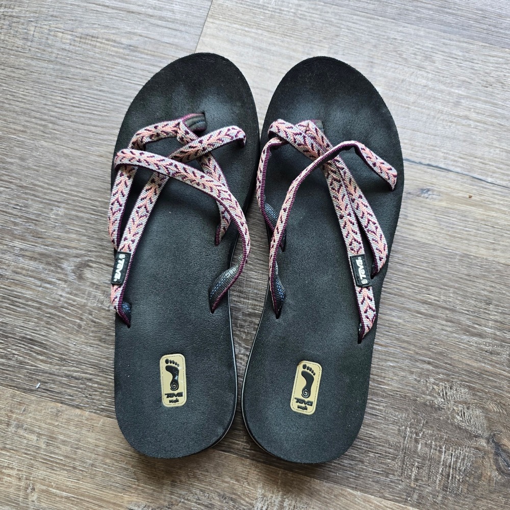 Teva Mush II Flip Flop Sandals Womens 8 Black Pink Geometric Strappy Comfort